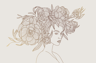 Vector woman with flowers on her head illustration. Line beauty portrait, fashion design. Peonies and lady feminine graphic