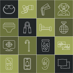 Set line Pillow, Monitor with cardiogram, Disco ball, Bone pain, Sport expander, Adult diaper, Eyeglasses and Bed icon. Vector