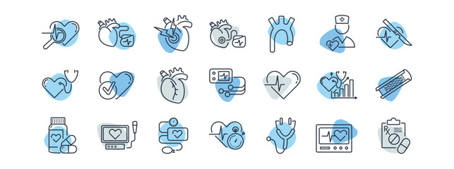Cardiology line icon set. Heart, ECG, stent, aorta, pacemake, myocardial infarction, sphygmomanometer, holter monitor, rhythm, medications, diagnosis, scalpel, surgery vector illustration. Editable