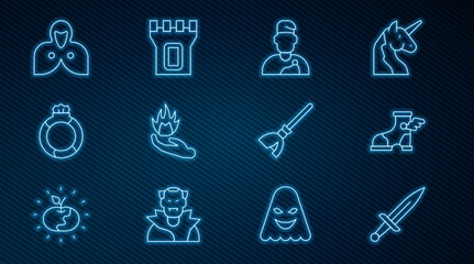 Set line Dagger, Hermes sandal, Wizard warlock, Hand holding fire, Magic stone ring with gem, Mantle, cloak, cape, Witches broom and Castle tower icon. Vector