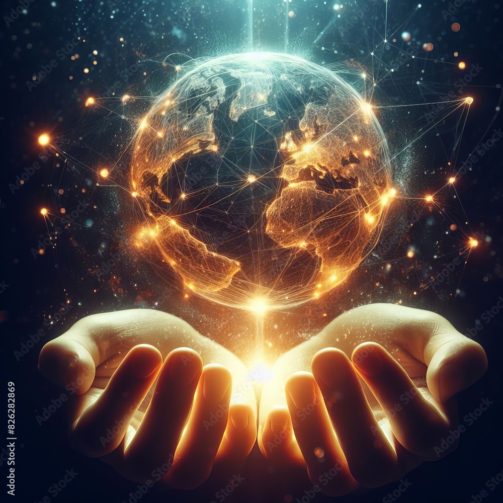 Poster digital artwork depicting a glowing earth held in hands with intricate connections and lights symbol