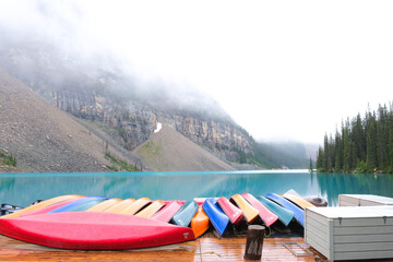 Canoes are stored for the winter season at Moraine Lake.