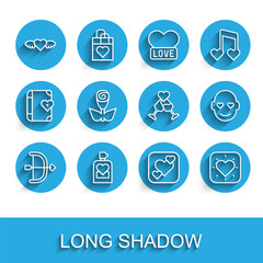 Set line Bow and arrow, Perfume, Heart with wings, Flower rose, Romantic man and Glass of champagne icon. Vector