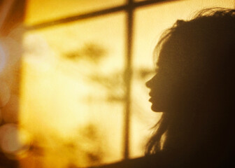 Beautiful profile shadow of young girl in window