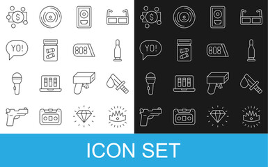 Set line King crown, Bloody knife, Bullet, CD disk award frame, Evidence bag with bullet, Yo slang lettering, Stacks paper money cash and Drum machine music icon. Vector