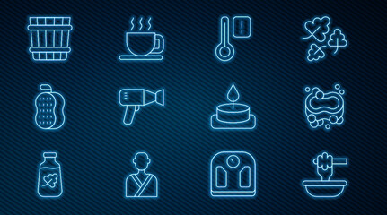 Set line Honey dipper stick with bowl, Bar of soap, Sauna thermometer, Hair dryer, Washcloth, bucket, Aroma candle and Cup tea icon. Vector