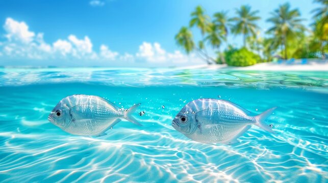 Tranquil tropical beach with silver fish in clear waters, serene beauty captured