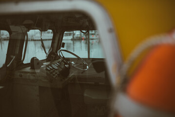 shot of a boats steering wheel