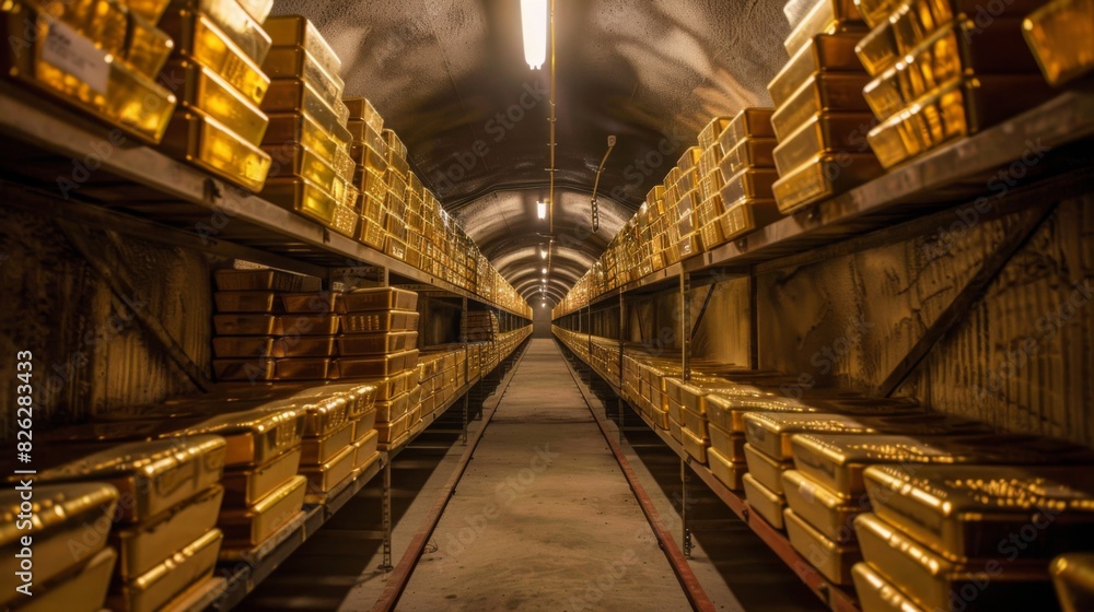 Poster tunnel packed with numerous shining gold bars stacked from floor to ceiling, creating a gleaming pat