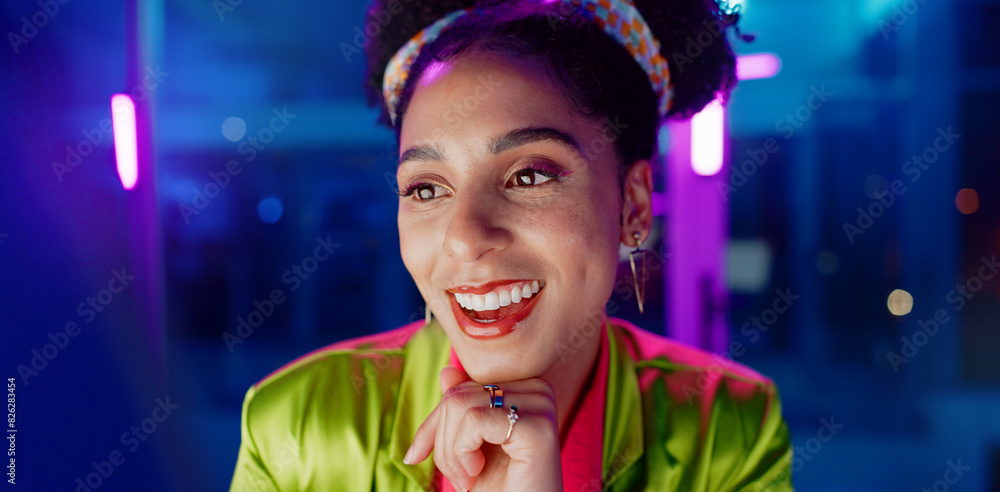 Fototapete Woman, night and excited in office with neon, tablet or scroll for reading with problem solving at coding job. Person, girl and developer with click for programming, solution or creative for software