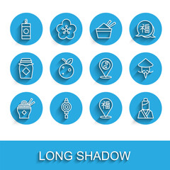 Set line Asian noodles in bowl, Chinese paper lantern, Firework, New Year, woman, Peach fruit nectarine, conical straw hat and Yin Yang symbol icon. Vector