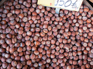 close-up black sea Turkish hazelnuts in large quantity,
