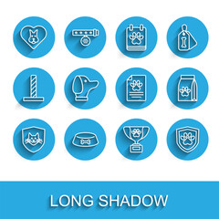 Set line Animal health insurance, Pet food bowl for cat or dog, Heart with, award symbol, Dog, Bag of pet and Medical clinical record icon. Vector