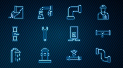 Set line Industry metallic pipe, Broken with leaking water, Wrench spanner, and valve, Wastewater, Gas boiler burning fire and Water tap icon. Vector