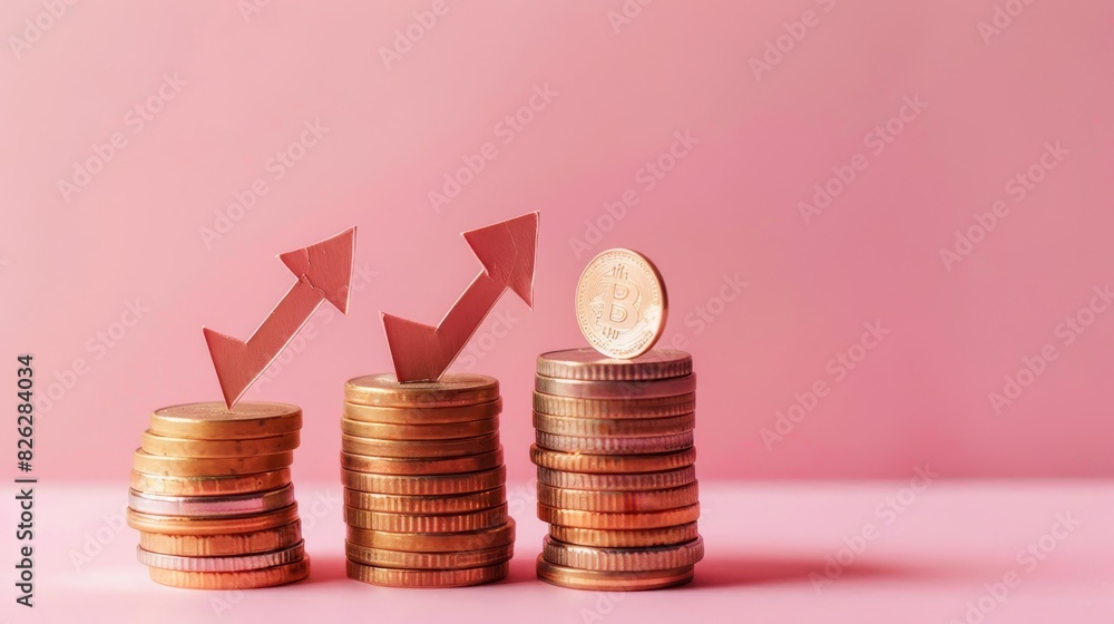 Poster pink background with a series of stacked coins arranged in ascending order from left to right