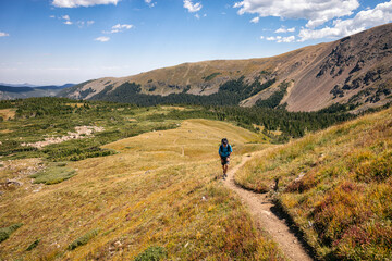 Obraz premium Backpacker hiking up Rogers Pass in the James Peak Wilderness