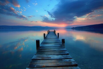 Blue Lake Sunset: Wooden Pier Reflecting Sky on Tranquil Water