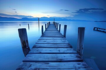 Fototapeta premium Blue Lake. Wooden Pier on a Sunset Horizon with Sky Reflection