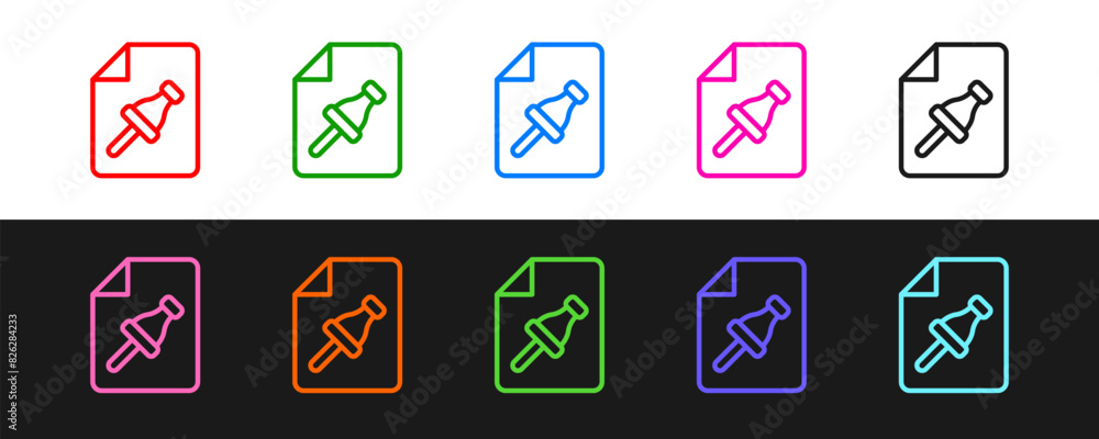 Poster set line note paper with pinned pushbutton icon isolated on black and white background. memo paper s