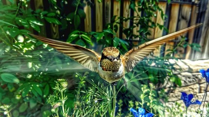   Hummingbird hovering near fence with blue blooms and foliage