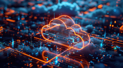 Impactful 3d render of a digital cloud representing advanced cloud computing technology with glowing neon circuitry and abstract data points in cyberspace
