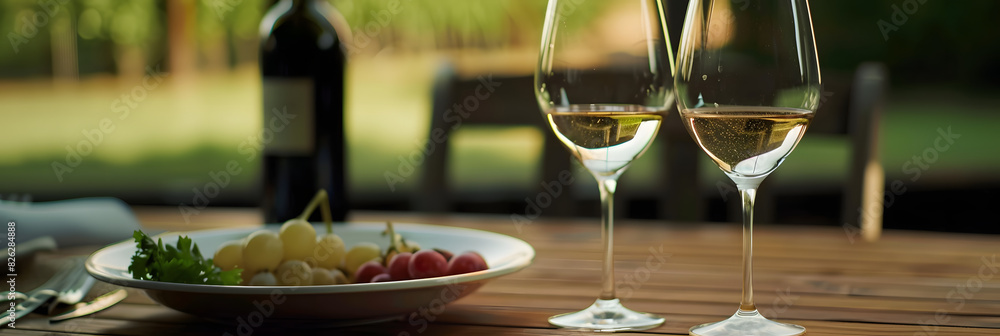 Poster the image features a dining table with three wine glasses placed on top. two of the wine glasses are
