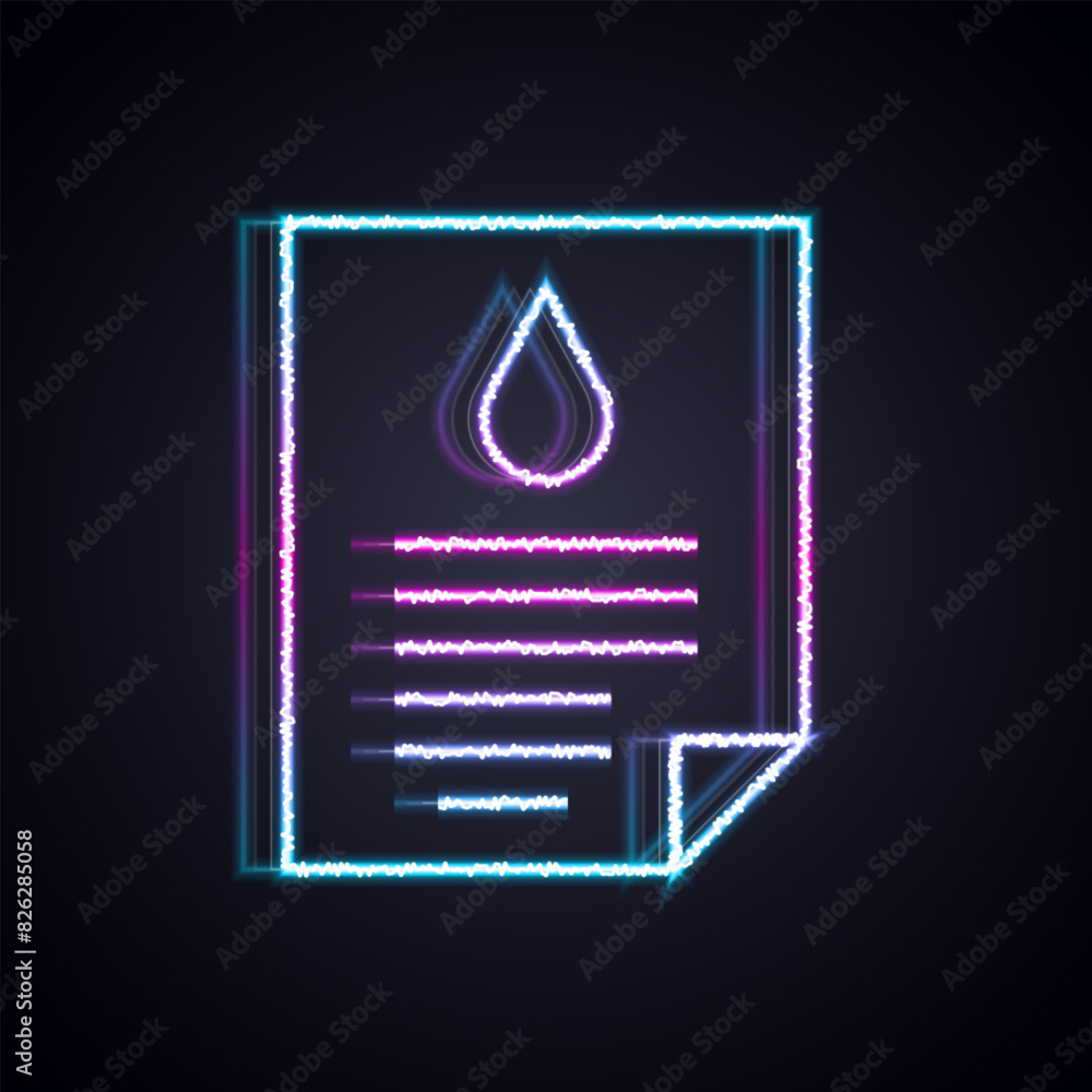 Wall mural Glowing neon line Oil drop document icon isolated on black background. Vector