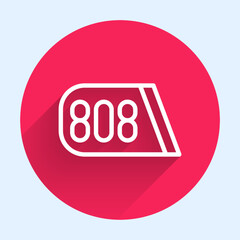 White line Drum machine music producer equipment icon isolated with long shadow background. Red circle button. Vector