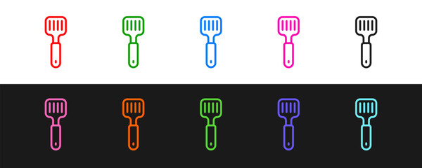 Set line Spatula icon isolated on black and white background. Kitchen spatula icon. BBQ spatula sign. Barbecue and grill tool. Vector