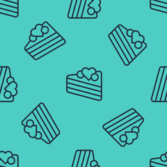 Black line Wedding cake with heart icon isolated seamless pattern on green background. Happy Valentines day. Vector