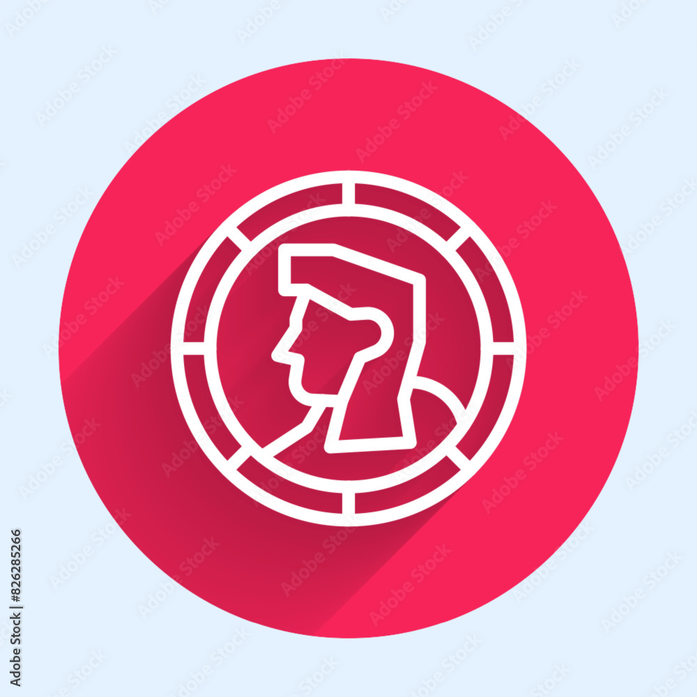 Poster white line ancient coin icon isolated with long shadow background. red circle button. vector