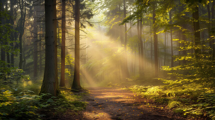 Fototapeta premium Majestic Forest Path with Sunlight Filtering Through Trees