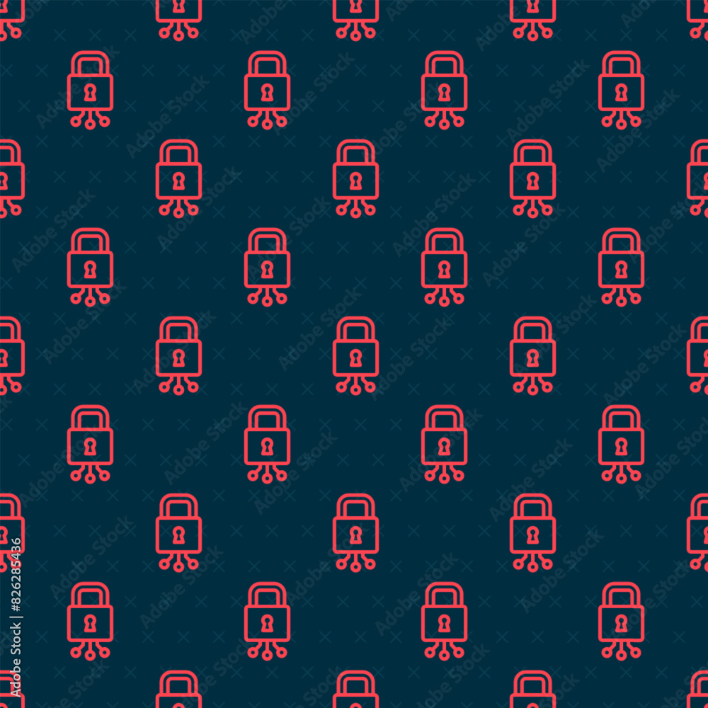 Poster red line cyber security icon isolated seamless pattern on black background. closed padlock on digita