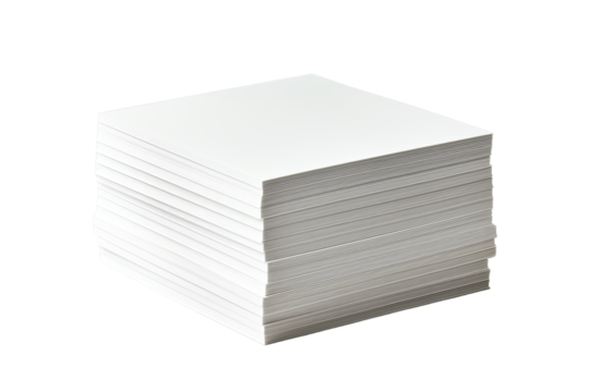 Stack of blank white paper sheets isolated on a white background. Perfect for printing, writing, or crafting projects. High-quality stock image.