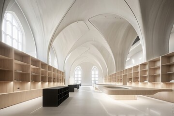 Minimalist loft  spacious room with high ceilings, white walls, and natural wood furniture