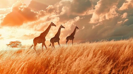   Three giraffes stroll in a tall grass field under cloudy skies with sunlight filtering through