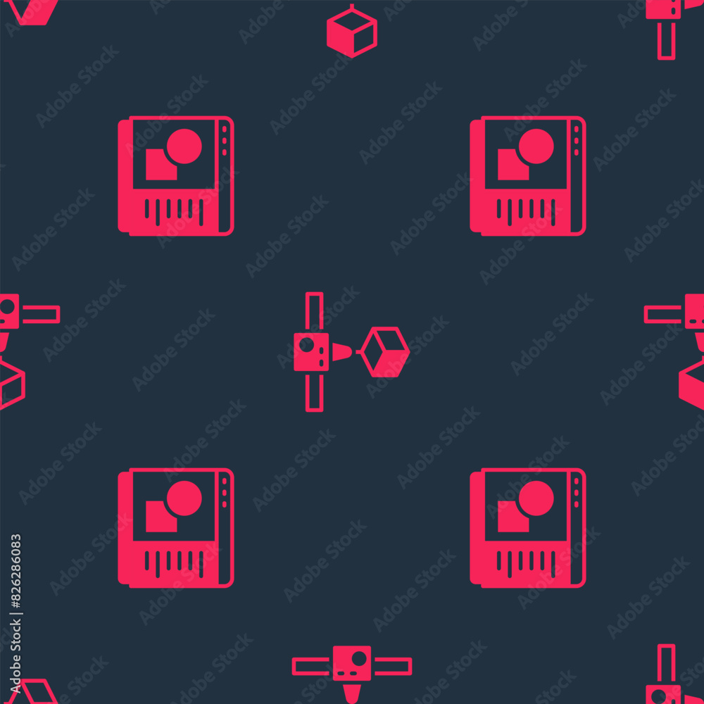 Poster set 3d printer software and cube on seamless pattern. vector