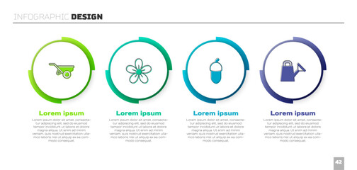 Set Wheelbarrow with dirt, Flower, Acorn and Watering can. Business infographic template. Vector