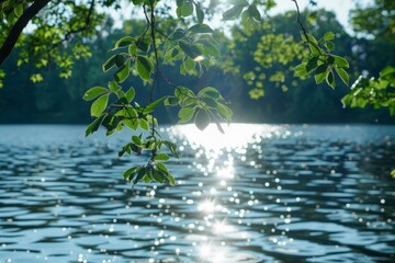 Naklejka premium The lakeside is a haven of tranquility as sunlight sparkles on the water, and the sounds of nature fill the air