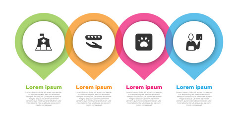 Set Emergency medical tent, Donation food, Paw print and Teacher. Business infographic template. Vector