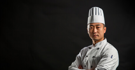 A chef is standing in front of a black background with his arms crossed. He is wearing a white hat and a white chef's coat. Chinese chef, white work clothes, black background
