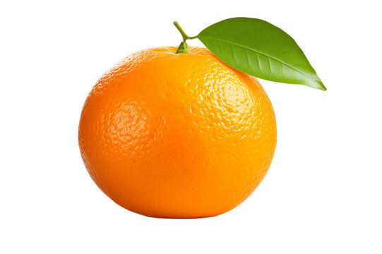 A vibrant, fresh orange with a green leaf attached, isolated on a white background. Perfect for healthy eating and fruit-related themes.