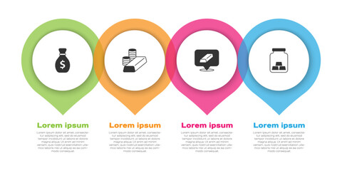 Set Old money bag, Gold coin with gold bars, and . Business infographic template. Vector