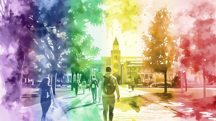 Watercolor Illustration of a University Campus with Rainbow Colors, Pride Month Background