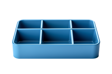 Blue plastic rectangular storage organizer with six compartments. Ideal for keeping small items neatly arranged. Perfect for home and office use.
