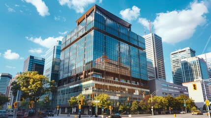 Fototapeta premium Symmetrical modern glass skyscraper stands proudly in city skyline, creating a striking urban image