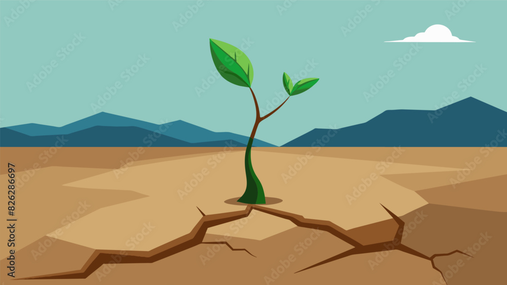 Poster a plant sprouting from a crack in a barren desert representing growth in the face of adversity.. vec