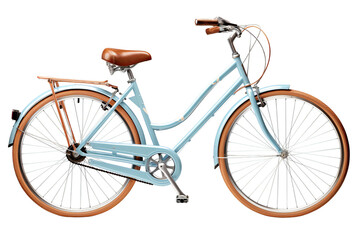 Classic blue city bicycle with brown leather saddle and handlebars, ideal for urban commuting and leisurely rides.