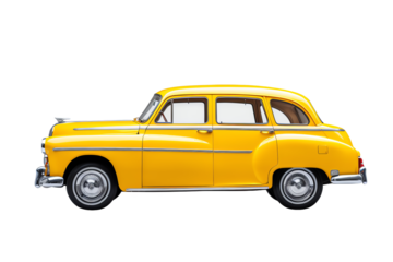 Classic yellow car side view isolated on white background. Vintage automobile from the 1950s with iconic design and bright color.