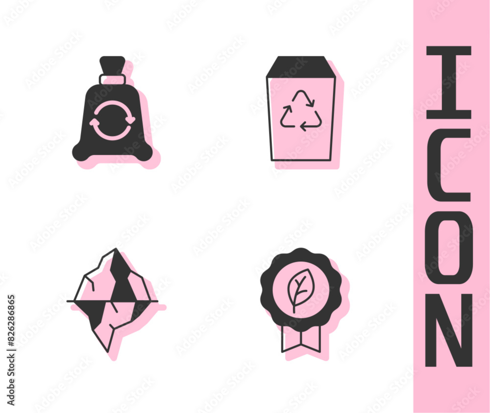 Wall mural Set Leaf Eco symbol, Garbage bag with recycle, Iceberg and Recycle bin icon. Vector